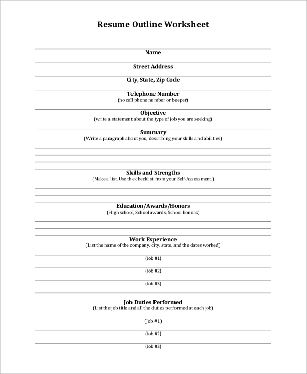 resume outline worksheet layout