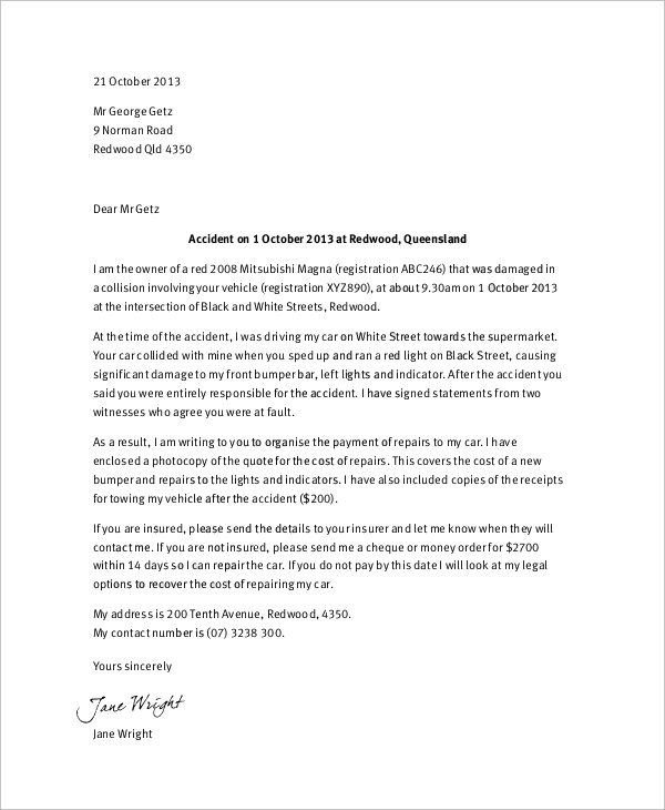 Letter Of Demand Sample Car Accident