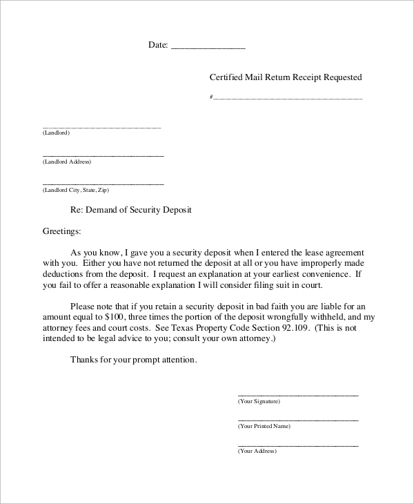 security deposit demand letter