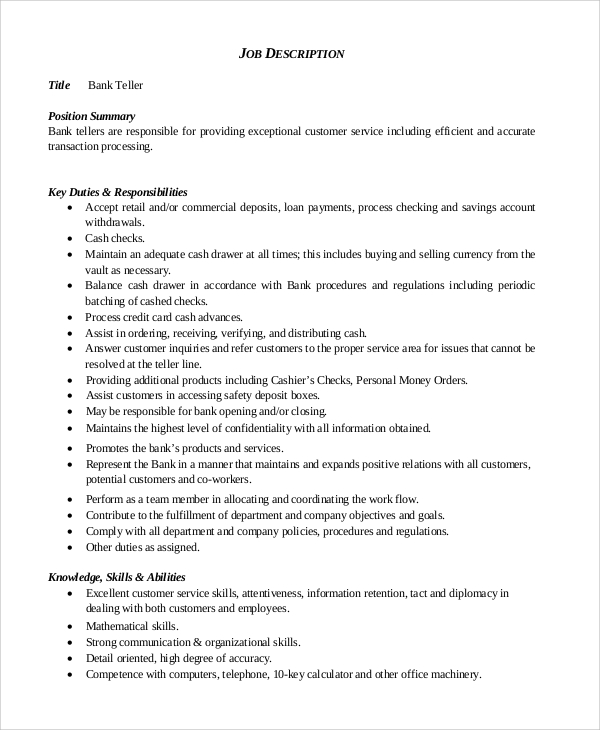 FREE 8+ Sample Teller Job Description Templates in PDF