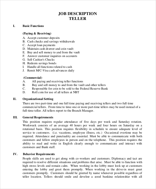 FREE 8+ Sample Teller Job Description Templates in PDF