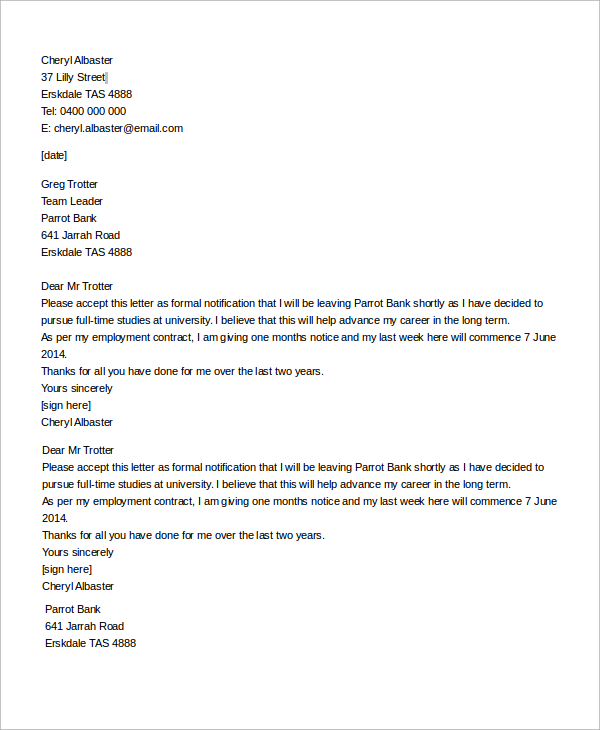 resignation letter template education