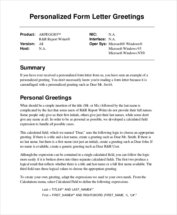 personalized form letter greeting