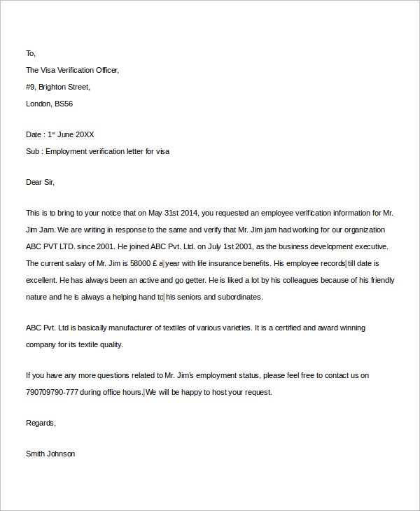 Sample Of Employment Verification Letter For Us Visa - inquiry