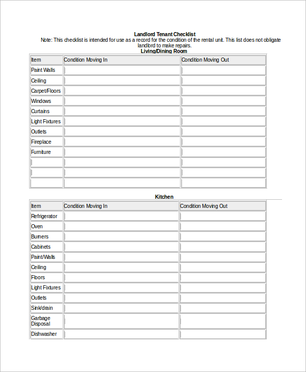 landlord tenant checklist sample word