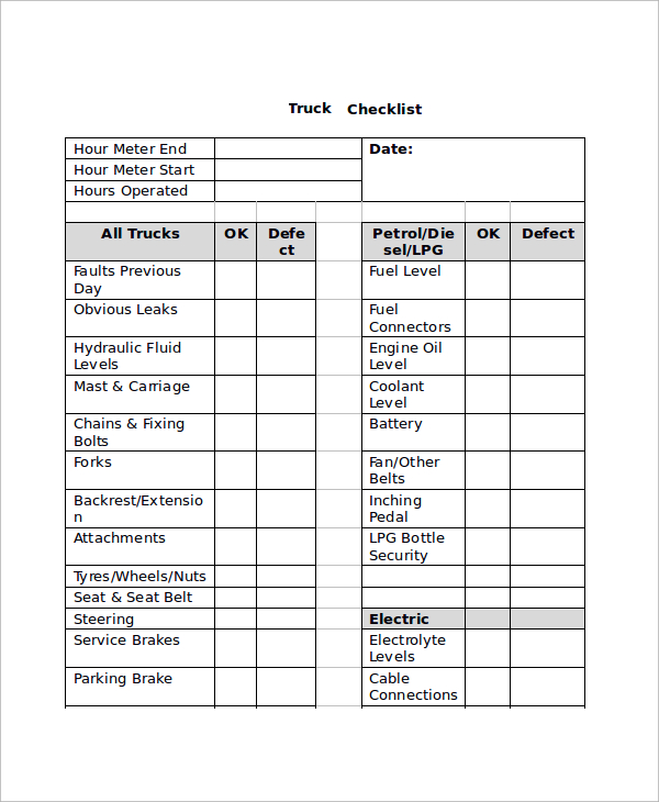 truck checklist sample word