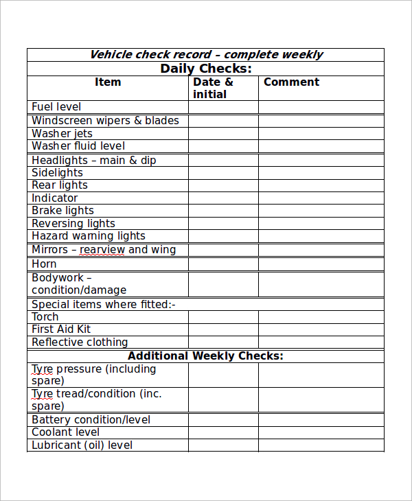 vehicle checklist sample word