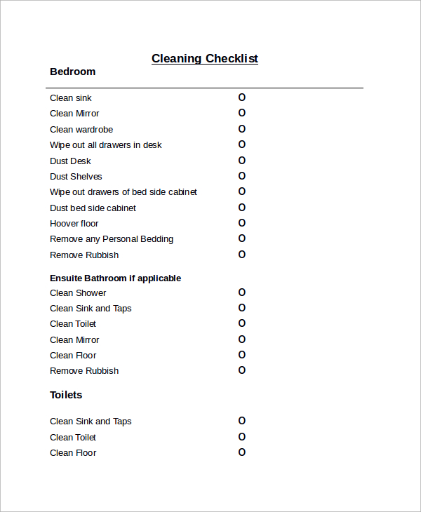 cleaning checklist sample word