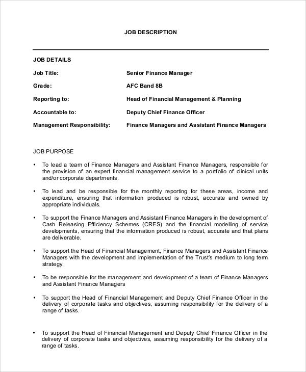 Free 10 Sample Financial Manager Job Description Templates In Pdf Ms Word