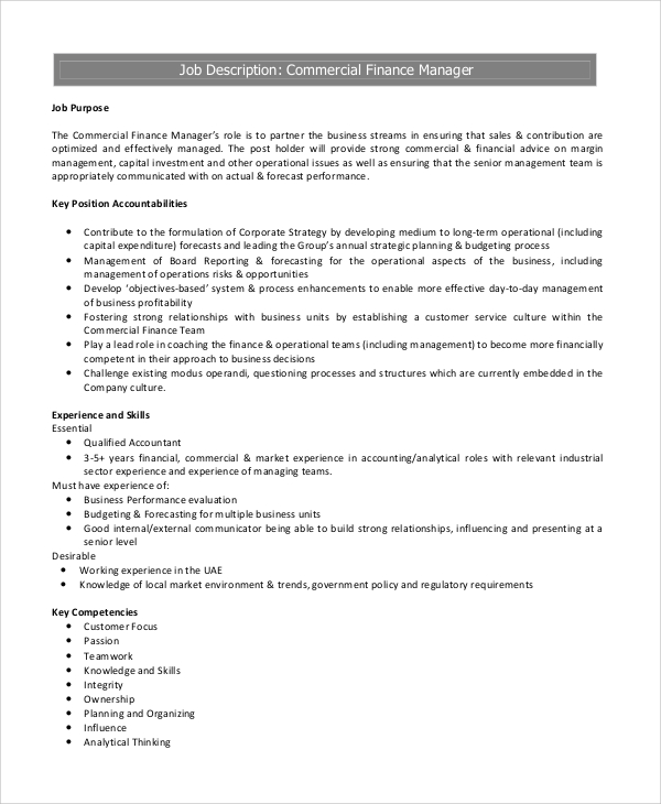 Finance Officer Job Description Sample - FREE 10+ Sample Financial Manager Job Description ... - Ensuring an employer's adherence to financial regulations and legislation.