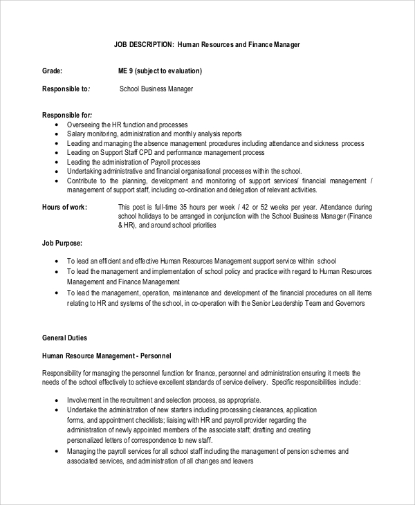 human resources and finance manager job description