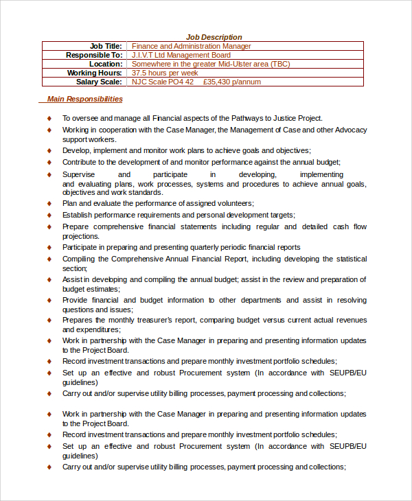 Finance Manager Job Description Pdf - FREE 10+ Sample Financial Manager Job Description ... - Commission calculations, accounts payable, accounts receivable.