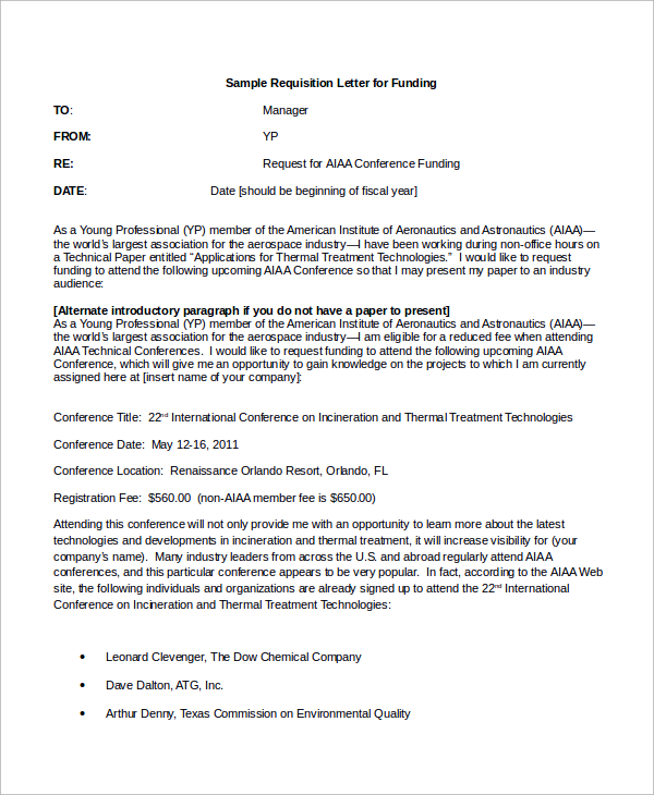 sample requisition letter for funding