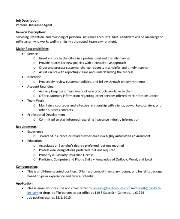 Insurance Agent Job Description For Resume