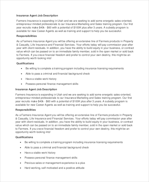 Sample Insurance Agent Job Description - 7+ Examples in PDF