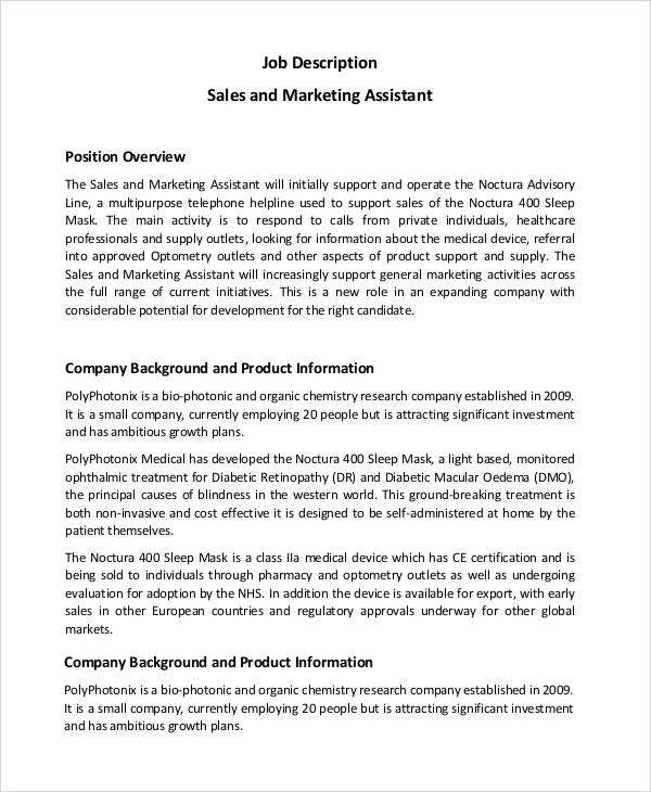 sales and marketing assistant job description