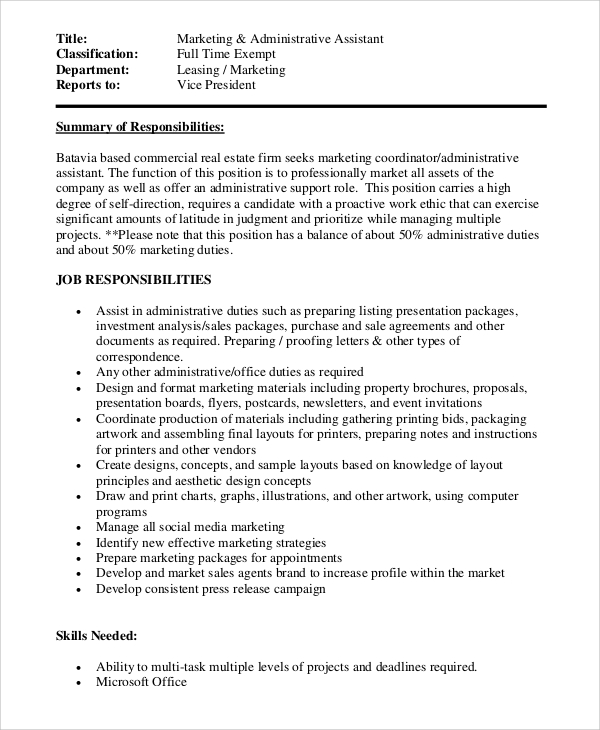 marketing and administrative assistant job description