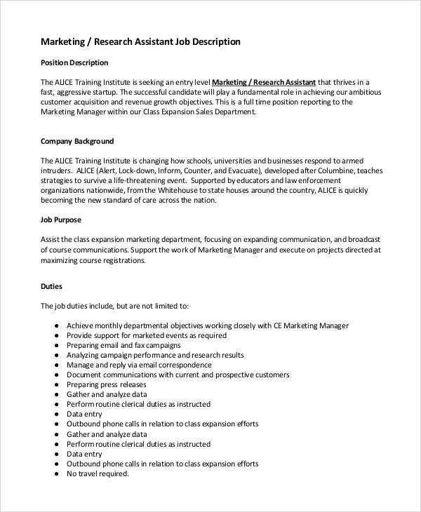 market research assistant job description