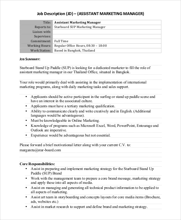 Free 14 Sample Marketing Assistant Job Descriptions In Pdf Ms Word 8798