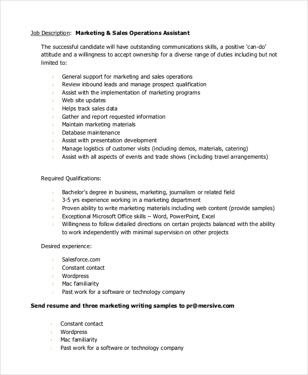 marketing sales operations assistant job description