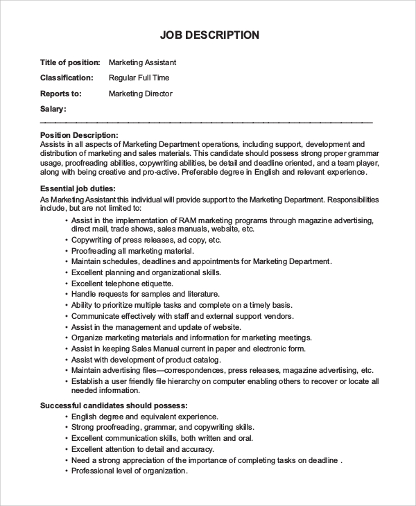 marketing assistant job description education