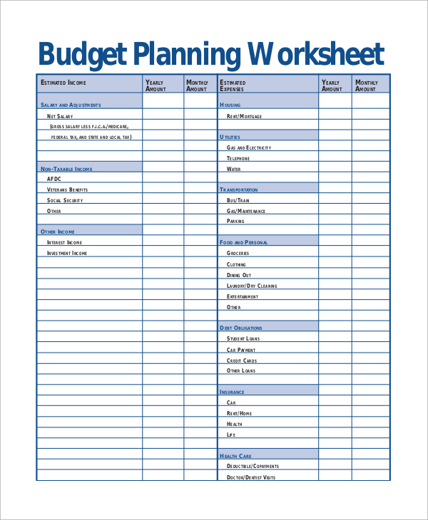 home budget planning worksheet