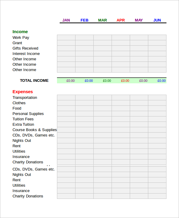 student budget worksheet excel