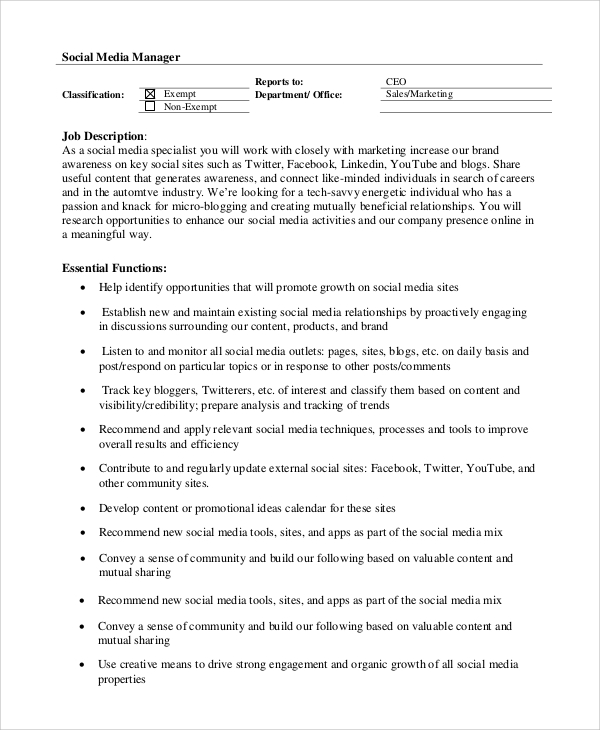 FREE 10 Sample Social Media Manager Job Description Templates In PDF 