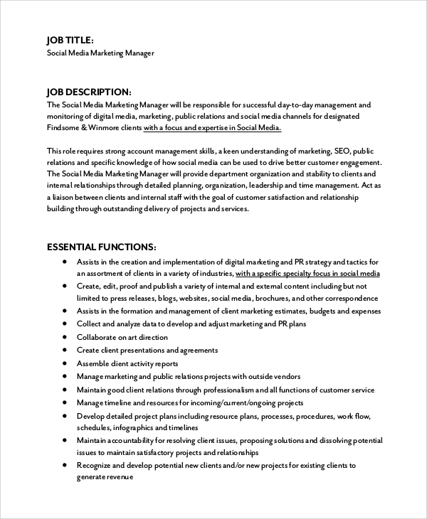 Social Media Manager Job Description For Resume Social Media