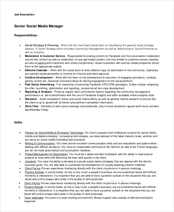 senior social media manager job description