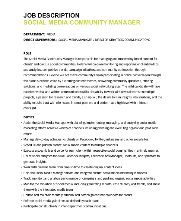 Job Description For Social Media Manager