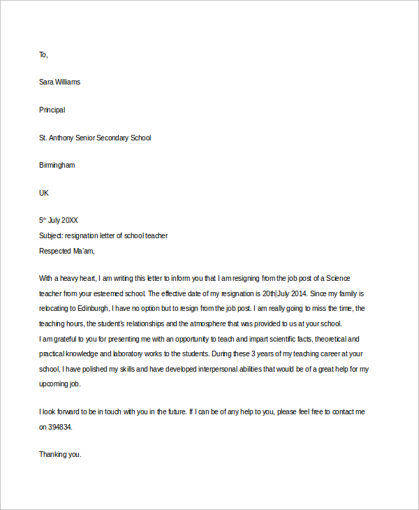 school teacher resignation letter 