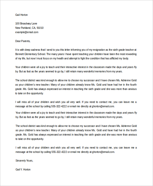 resignation letter to parents from teacher