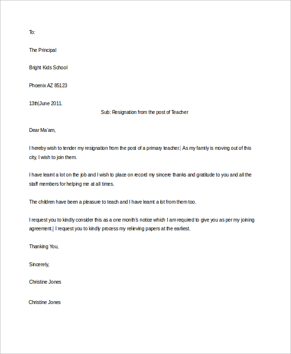 primary teacher resignation letter