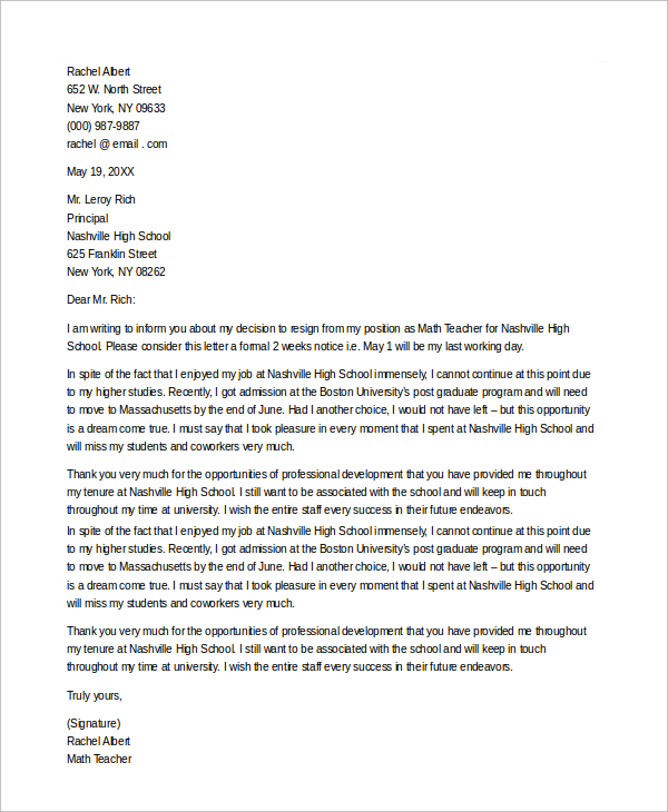 high school teacher resignation letter