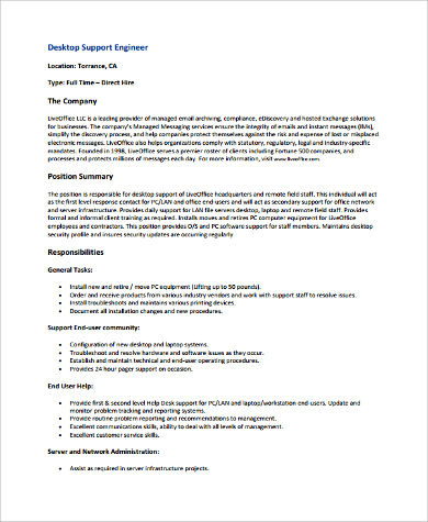 desktop support engineer fresher resume