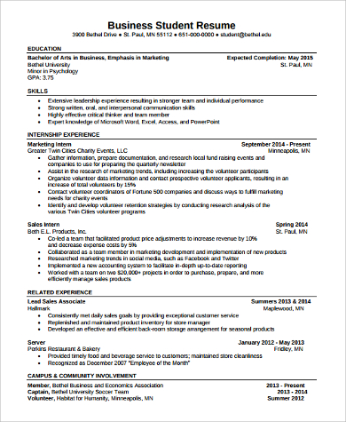 business student resume example