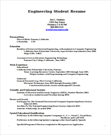 engineering student resume