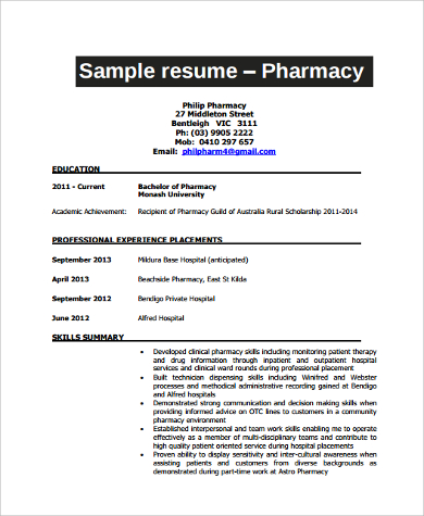 resume format for pharmacy students freshers