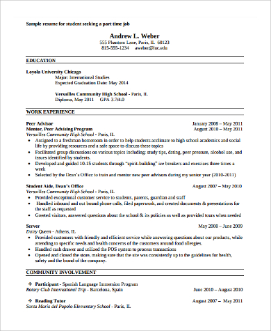 student part time job resume