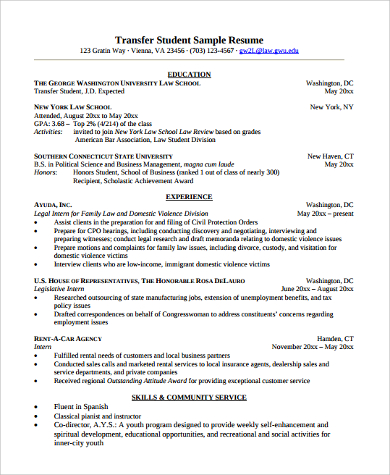 transfer student resume sample