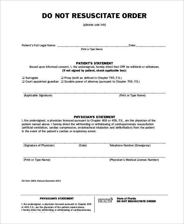 Printable Do Not Resuscitate Form