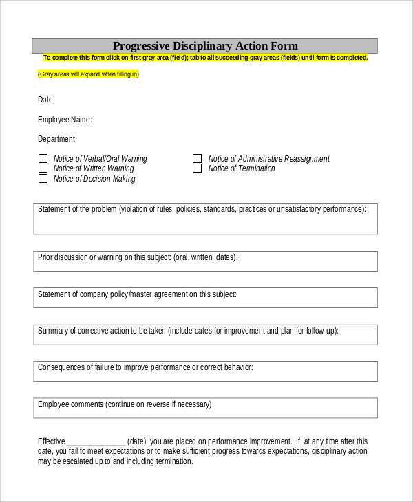 employee progressive disciplinary action form
