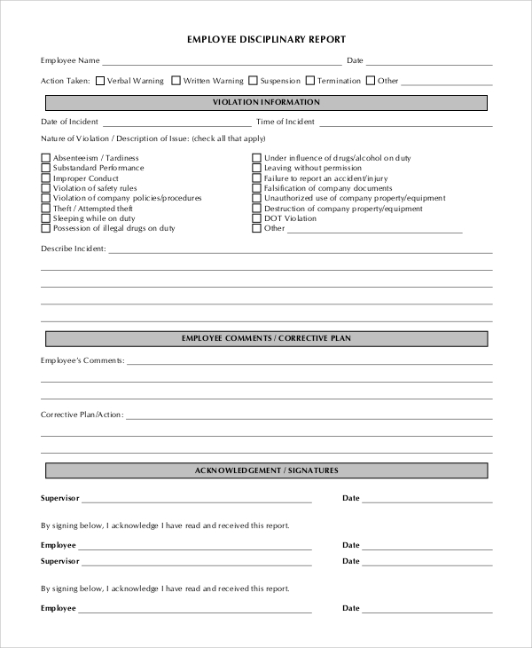 employee discipline report form