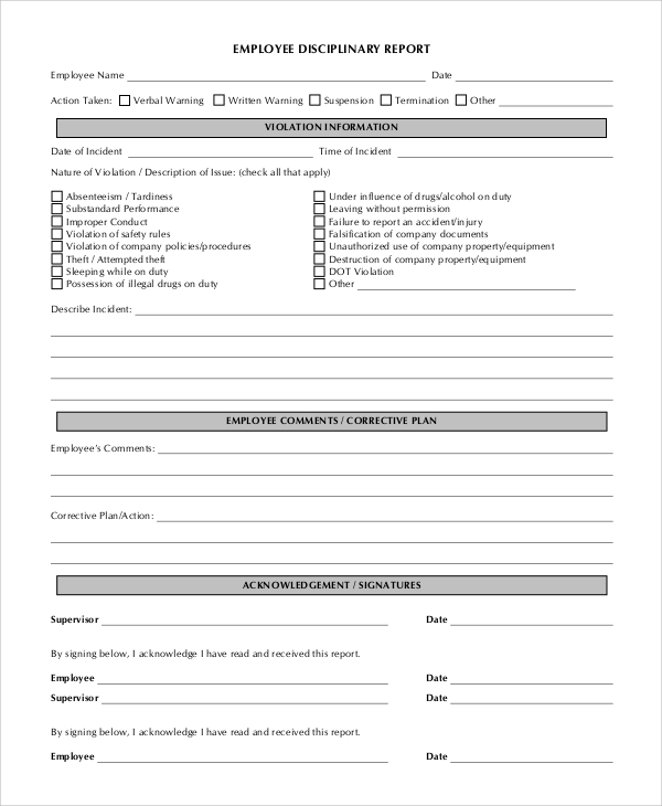 free printable employee disciplinary forms