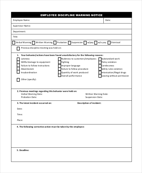 employee discipline warning notice form