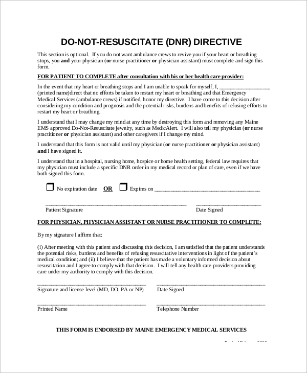 do not resuscitate directive form