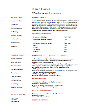 9+ Sample Warehouse Worker Resumes  Sample Templates