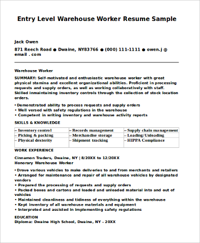 9+ Sample Warehouse Worker Resumes  Sample Templates