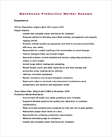 warehouse production worker resume